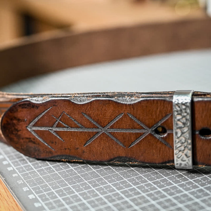 Silver Hammer Buckle Carved Arrow Pattern Leather Belt - image 5