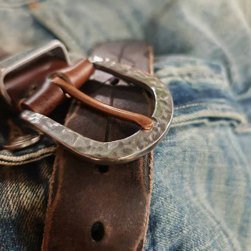 Silver Hammer Buckle Carved Arrow Pattern Leather Belt - image 7