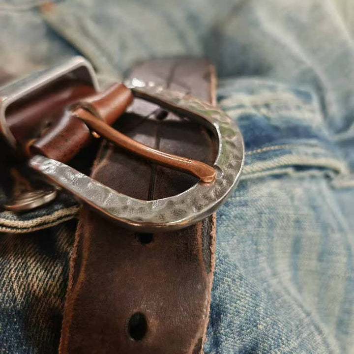 Silver Hammer Buckle Carved Arrow Pattern Leather Belt - image 7