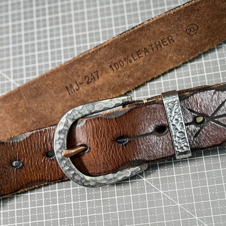 Silver Hammer Buckle Carved Arrow Pattern Leather Belt - Brown - 42 - image 0