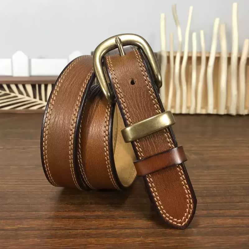 Women's Brass Buckle Double Stitching Narrow Leather Belt - image 3