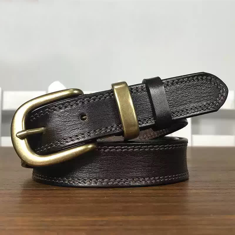 Women's Brass Buckle Double Stitching Narrow Leather Belt - Dark Coffee - 36 - image 7