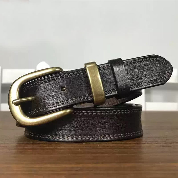 Women's Brass Buckle Double Stitching Narrow Leather Belt - Dark Coffee - 36 - image 7