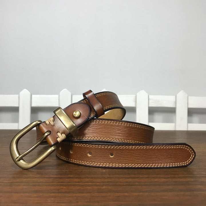Women's Brass Buckle Double Stitching Narrow Leather Belt - image 4