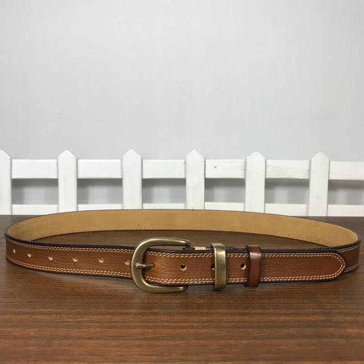 Women's Brass Buckle Double Stitching Narrow Leather Belt - image 5