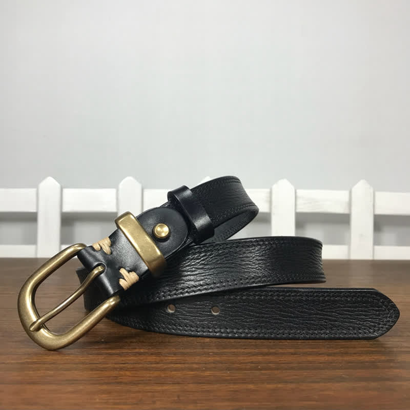 Women's Brass Buckle Double Stitching Narrow Leather Belt - image 14