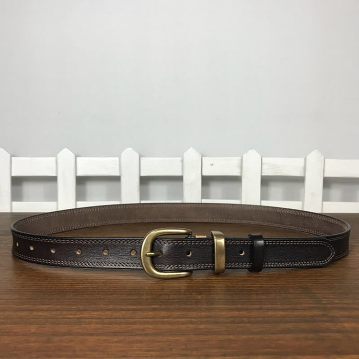 Women's Brass Buckle Double Stitching Narrow Leather Belt - image 10