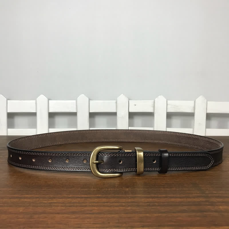 Women's Brass Buckle Double Stitching Narrow Leather Belt - image 10