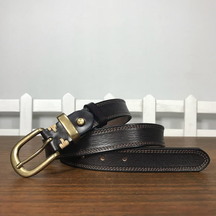 Women's Brass Buckle Double Stitching Narrow Leather Belt - image 9