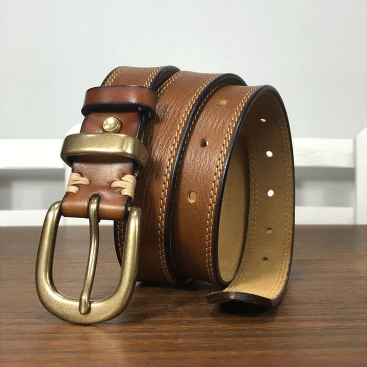 Women's Brass Buckle Double Stitching Narrow Leather Belt - image 2
