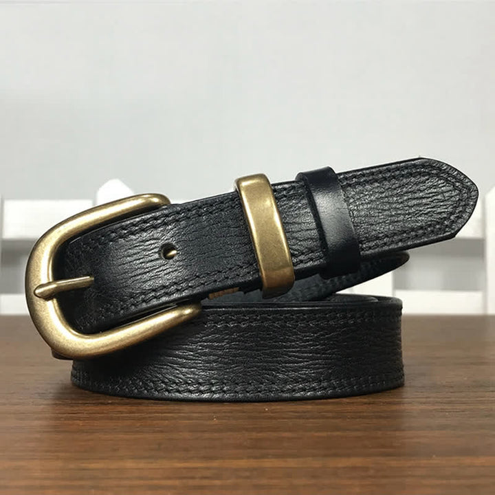 Women's Brass Buckle Double Stitching Narrow Leather Belt - Black - 36 - image 12