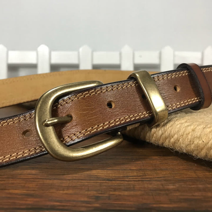 Women's Brass Buckle Double Stitching Narrow Leather Belt - image 6