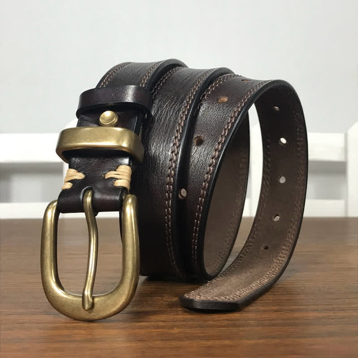Women's Brass Buckle Double Stitching Narrow Leather Belt - image 8