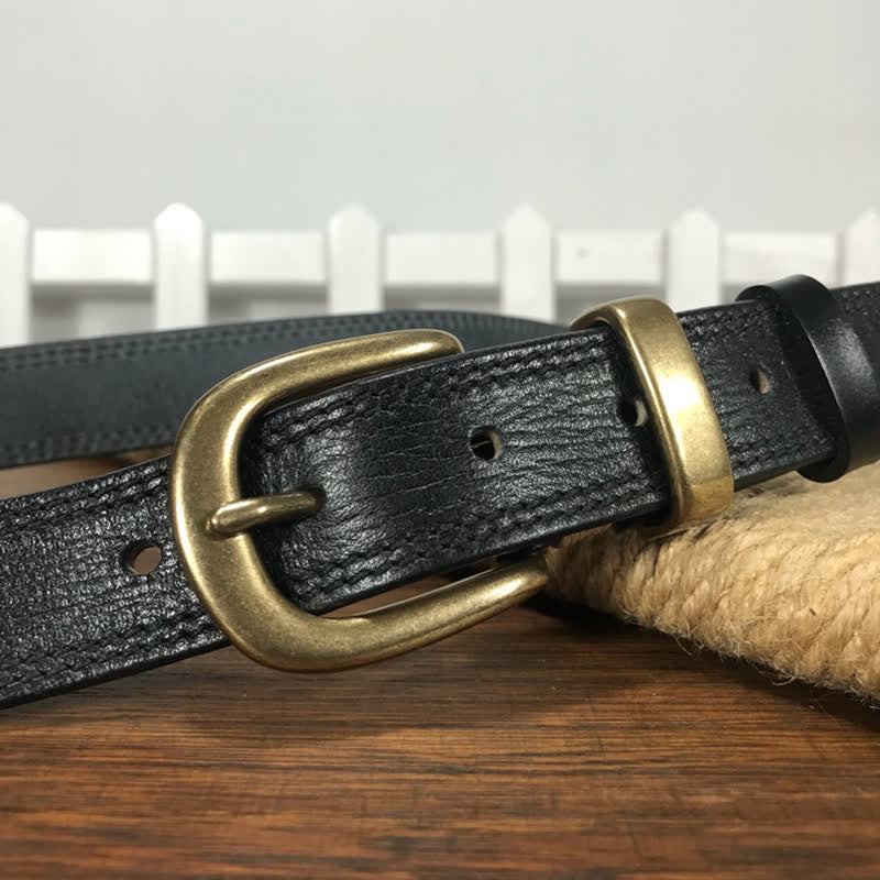 Women's Brass Buckle Double Stitching Narrow Leather Belt - image 16