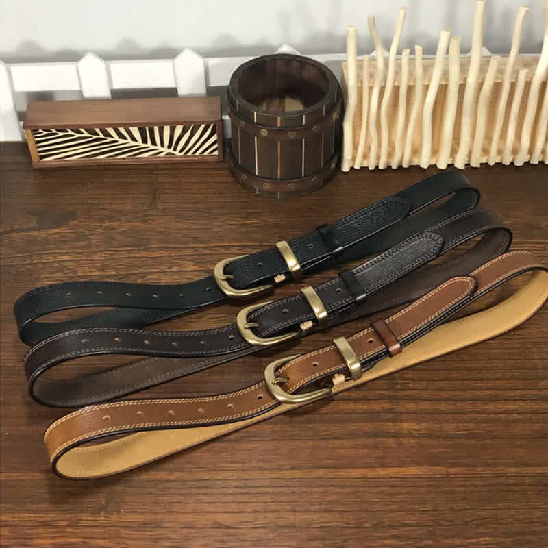 Women's Brass Buckle Double Stitching Narrow Leather Belt - image 1