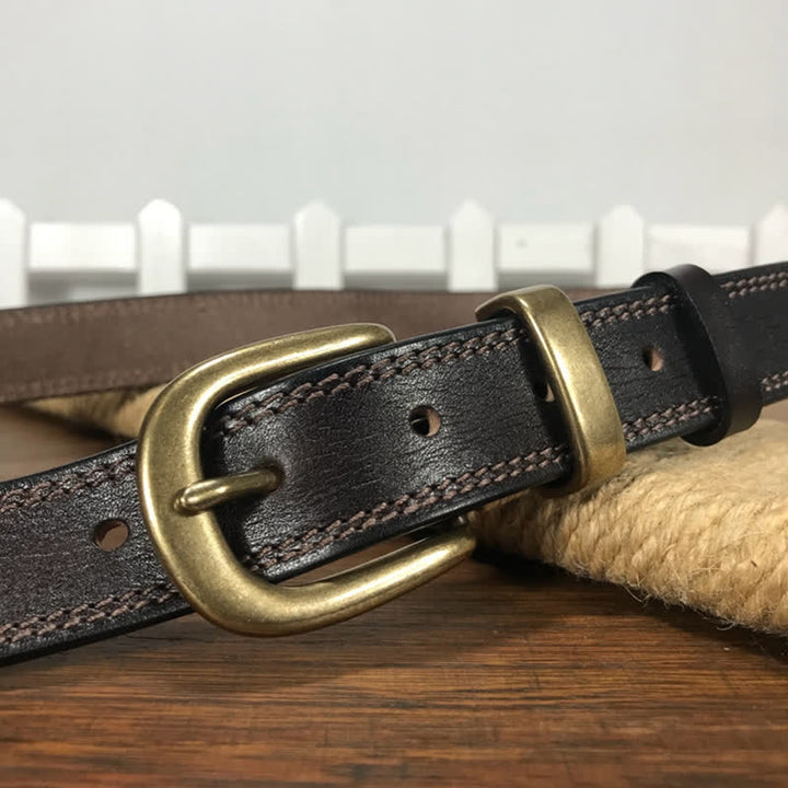 Women's Brass Buckle Double Stitching Narrow Leather Belt - image 11