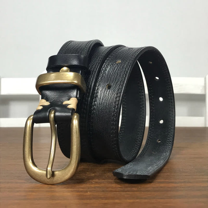 Women's Brass Buckle Double Stitching Narrow Leather Belt - image 13