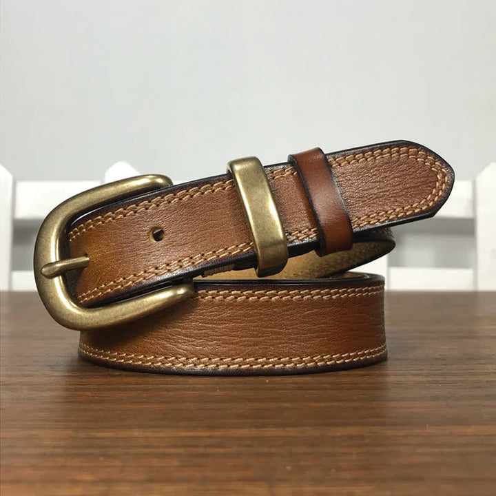 Women's Brass Buckle Double Stitching Narrow Leather Belt - Orange Brown - 36 - image 0