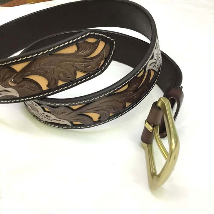 Coffee & White Flower Western Style Carved Leather Belt - image 3