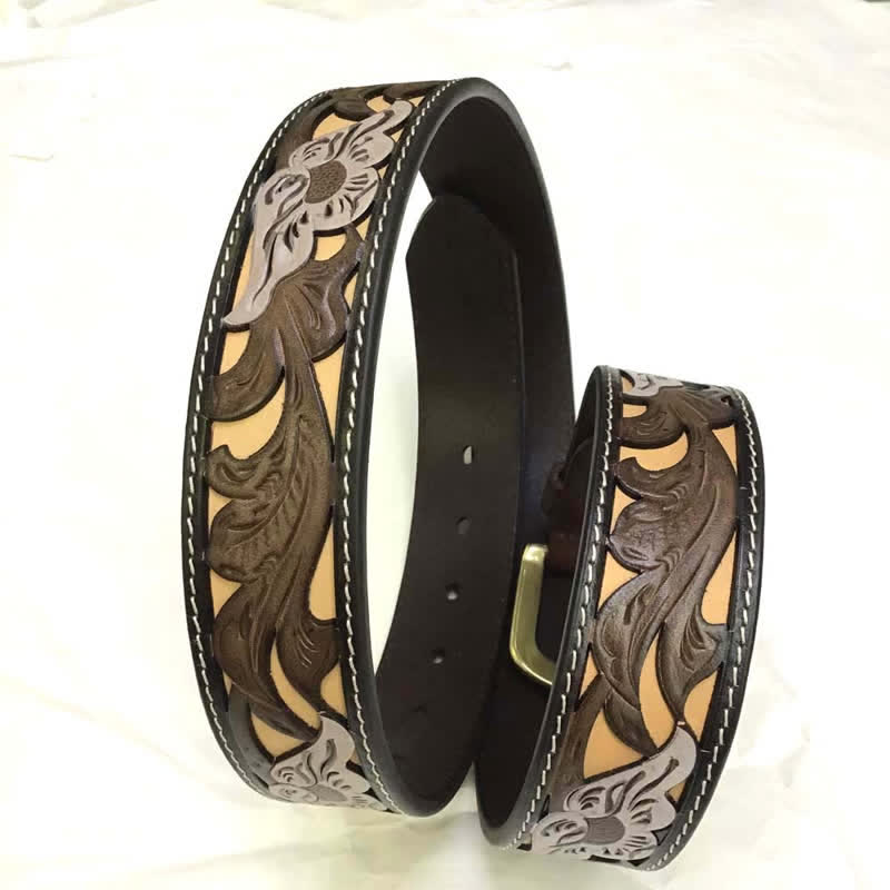Coffee & White Flower Western Style Carved Leather Belt - image 4