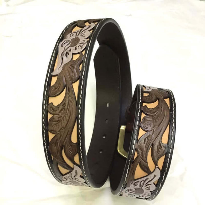 Coffee & White Flower Western Style Carved Leather Belt - image 4