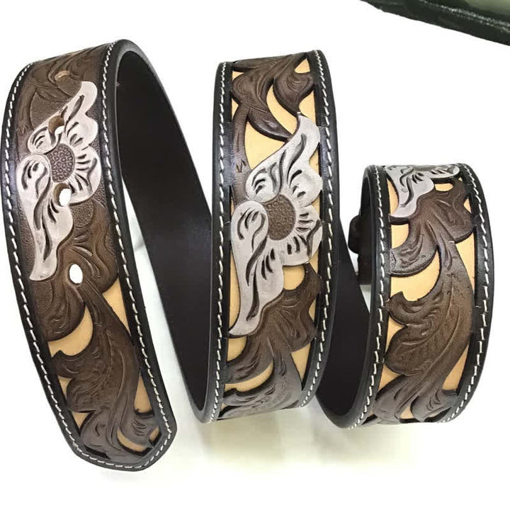 Coffee & White Flower Western Style Carved Leather Belt - Coffee - 40 - image 0