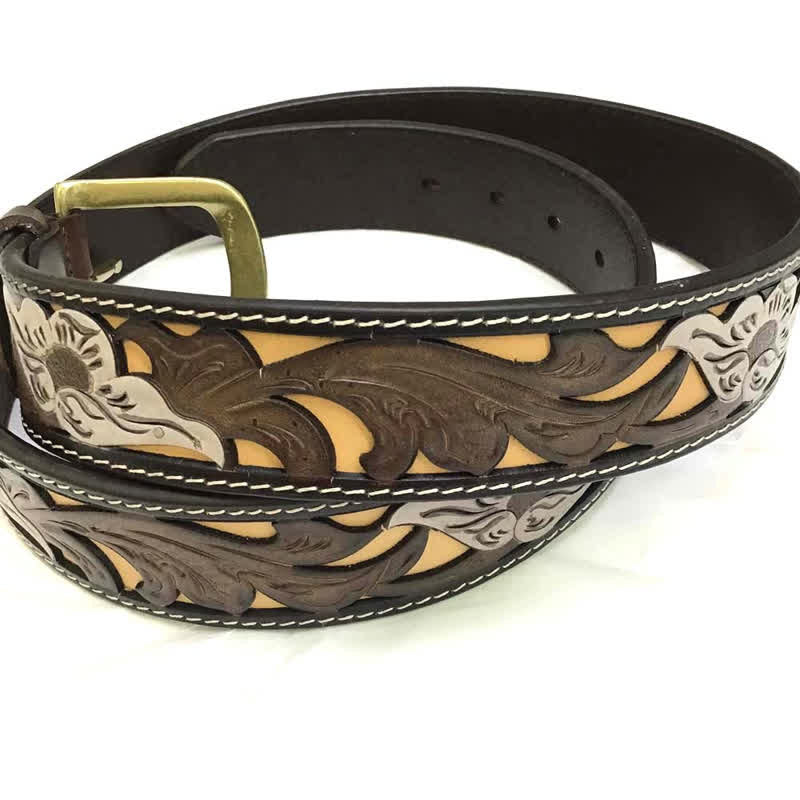 Coffee & White Flower Western Style Carved Leather Belt - image 2