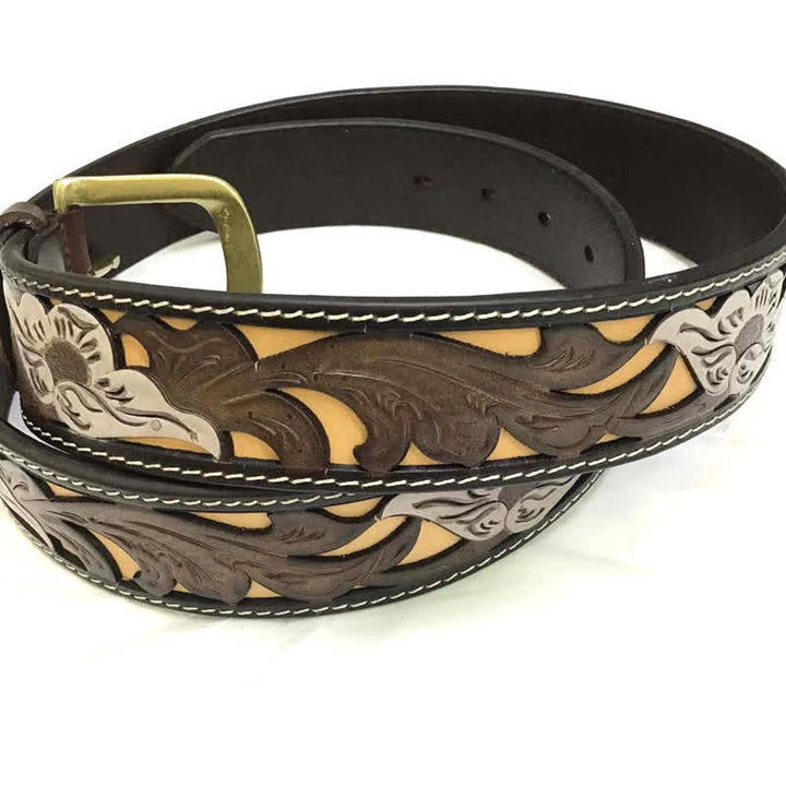 Coffee & White Flower Western Style Carved Leather Belt - image 2