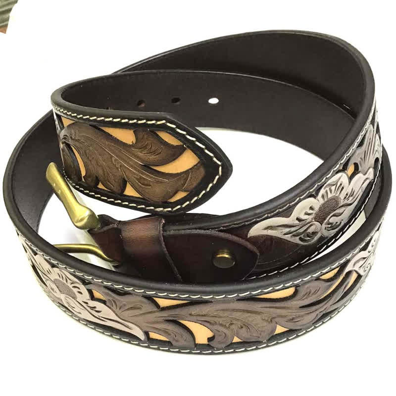 Coffee & White Flower Western Style Carved Leather Belt - image 1