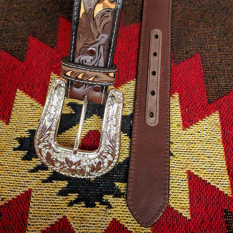 Western Brown & Yellow Carved Flower Buckle Leather Belt - Style #3 - 34 - image 8