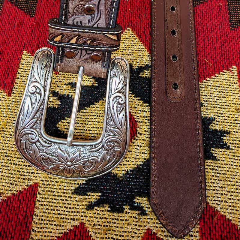 Western Brown & Yellow Carved Flower Buckle Leather Belt - Style #4 - 34 - image 11