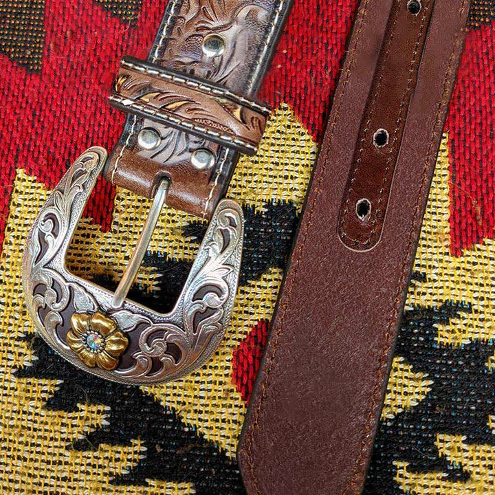 Western Brown & Yellow Carved Flower Buckle Leather Belt - Style #1 - 34 - image 2