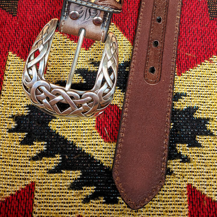 Western Brown & Yellow Carved Flower Buckle Leather Belt - Style #2 - 34 - image 6