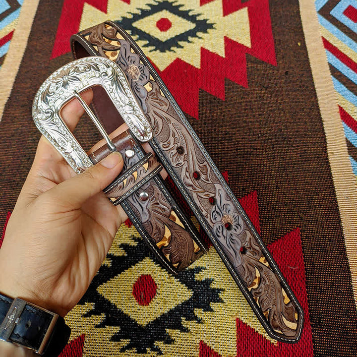 Western Brown & Yellow Carved Flower Buckle Leather Belt - image 9