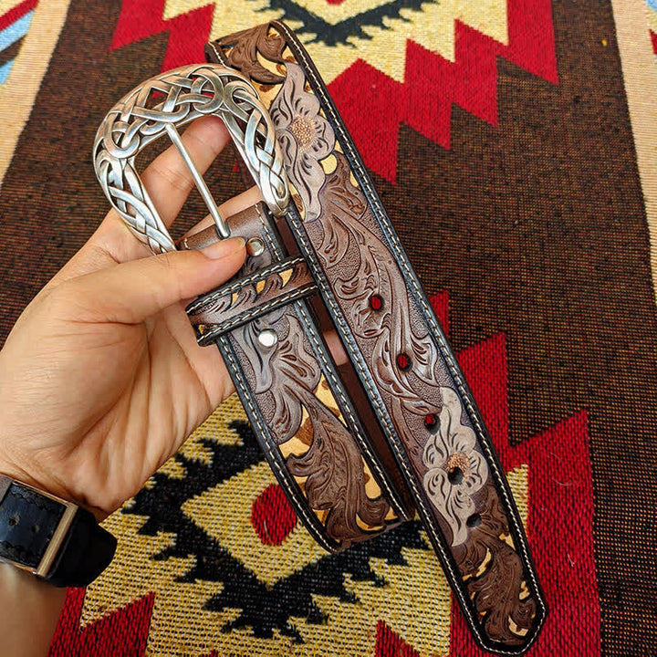 Western Brown & Yellow Carved Flower Buckle Leather Belt - image 7