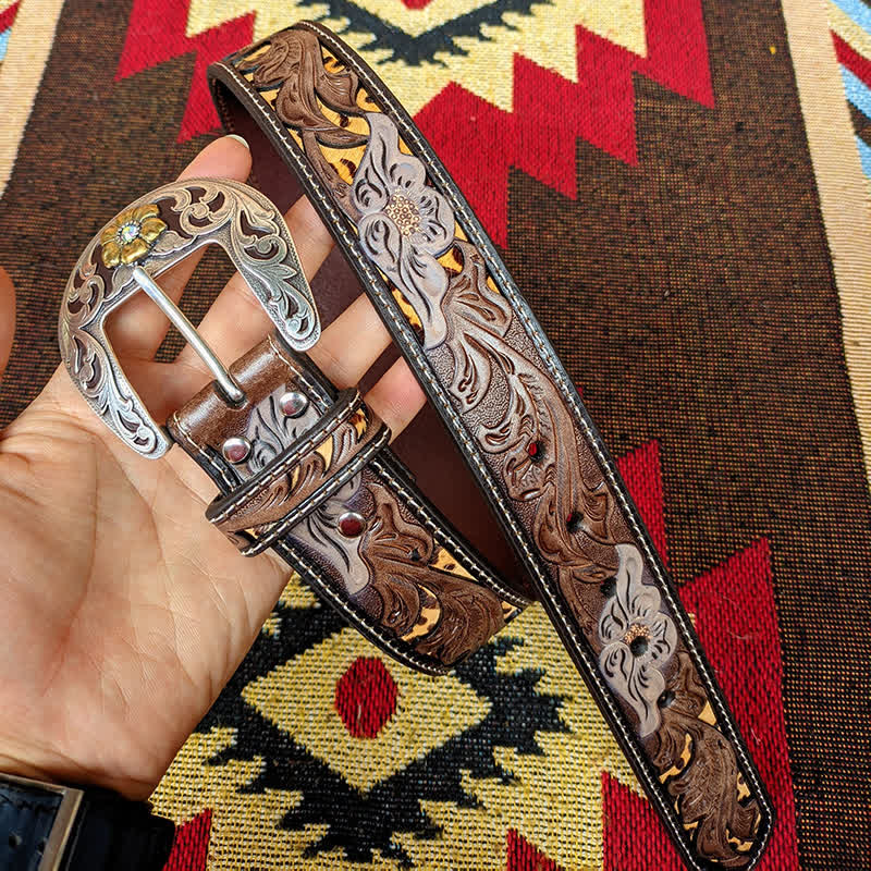 Western Brown & Yellow Carved Flower Buckle Leather Belt - image 3