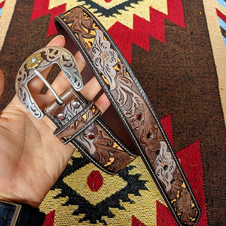 Western Brown & Yellow Carved Flower Buckle Leather Belt - image 3