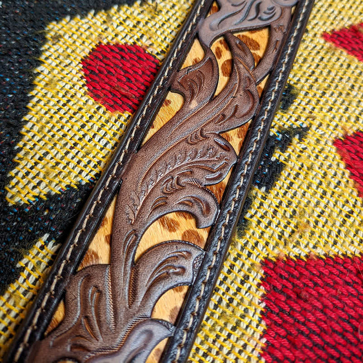 Western Brown & Yellow Carved Flower Buckle Leather Belt - image 5