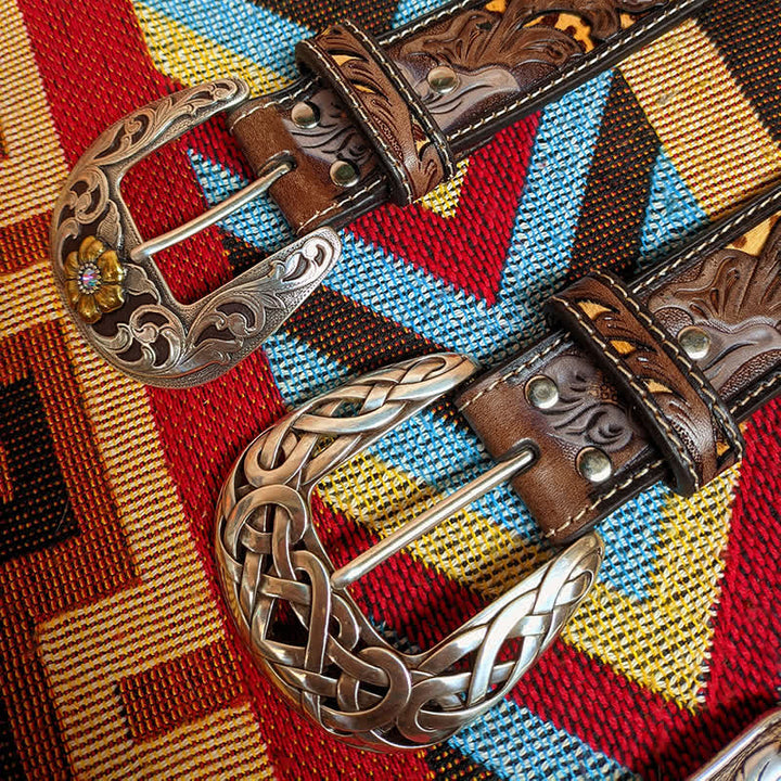 Western Brown & Yellow Carved Flower Buckle Leather Belt - image 4