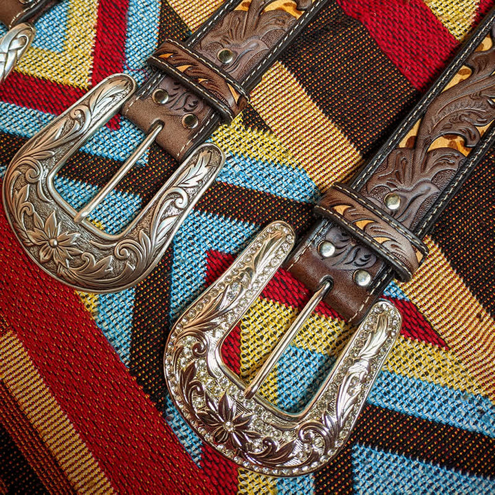 Western Brown & Yellow Carved Flower Buckle Leather Belt - image 10