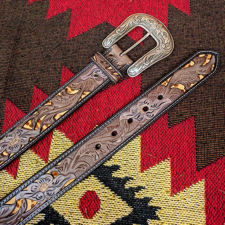 Western Brown & Yellow Carved Flower Buckle Leather Belt - image 12