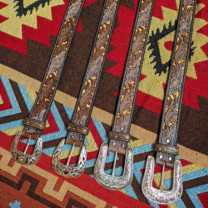 Western Brown & Yellow Carved Flower Buckle Leather Belt - image 0