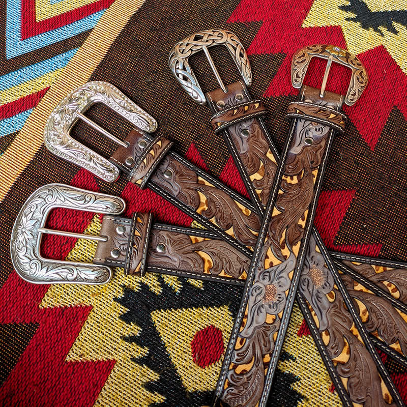 Western Brown & Yellow Carved Flower Buckle Leather Belt - image 1