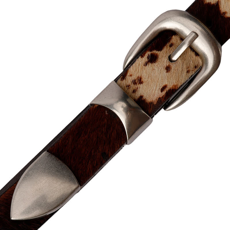 Faux Fur Cow Print Classic Silver Buckle Leather Belt - image 12