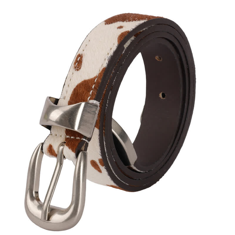 Faux Fur Cow Print Classic Silver Buckle Leather Belt - Khaki - 0.98" / 2.5cm - 40 - image 3
