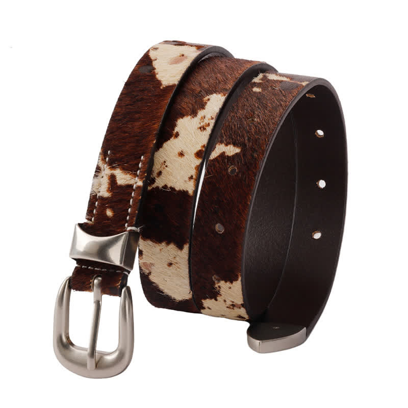 Faux Fur Cow Print Classic Silver Buckle Leather Belt - Coffee - 0.98" / 2.5cm - 40 - image 9