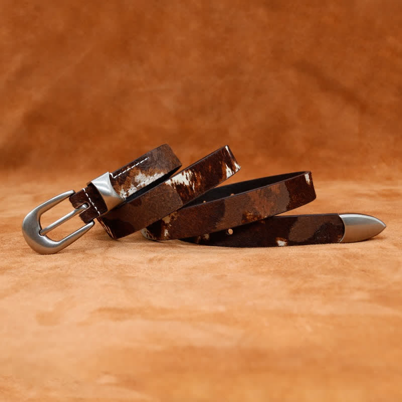 Faux Fur Cow Print Classic Silver Buckle Leather Belt - image 7