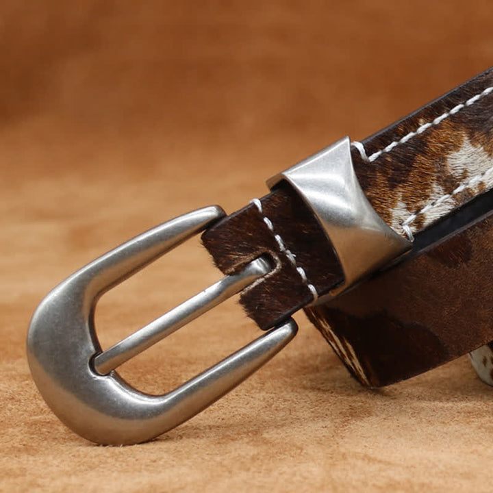 Faux Fur Cow Print Classic Silver Buckle Leather Belt - image 8