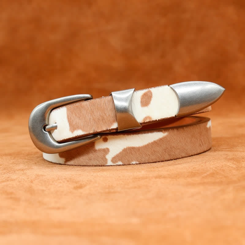 Faux Fur Cow Print Classic Silver Buckle Leather Belt - Khaki - 0.79" / 2cm - 40 - image 1