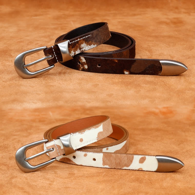 Faux Fur Cow Print Classic Silver Buckle Leather Belt - image 4